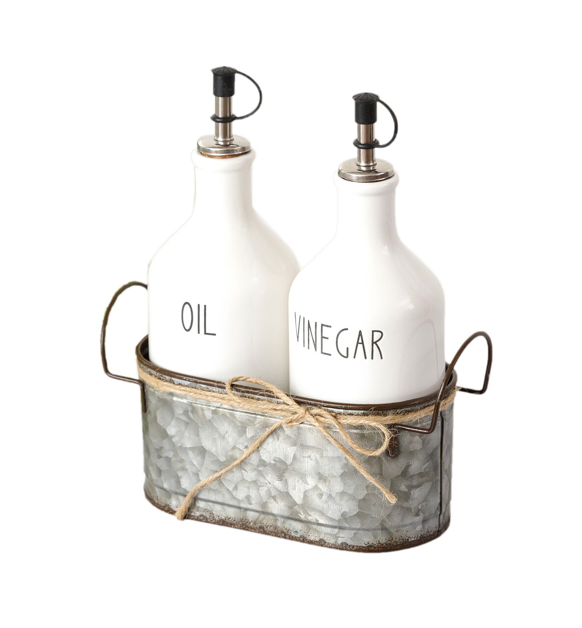 Country White Ceramic Oil and Vinegar Cruet Set With Galvanized Metal Holder